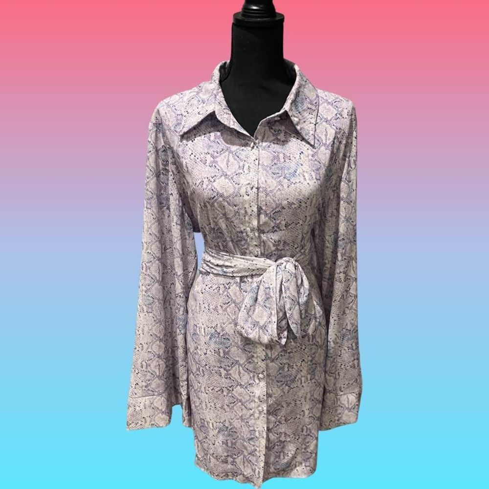 SHOWPO HADID LAVENDER SNAKESKIN BELL SLEEVE WRAP DRESS​